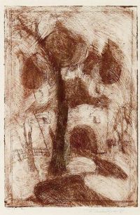 CHURCH AND TREE. WINTER. Etching on paper, 26х22 cm, 1969.