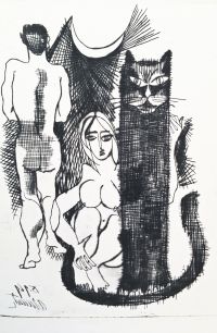 WOMAN, MAN AND CAT. Etching on paper, 16х11 cm, 1969. From the Shoshensky collection.