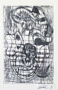 CLOWN’S THOUGHTS. Etching on paper, 16х11 cm, 1969. From the Shoshensky collection.