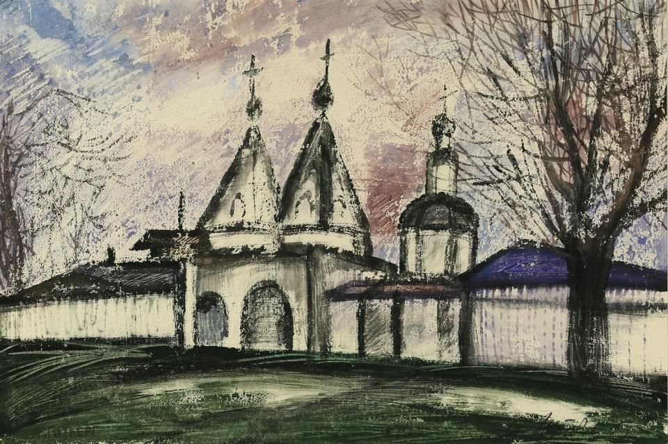 MONASTERY. GATE TOWERS. Gouache and paraffin on paper, 52х72 сm, 1981.