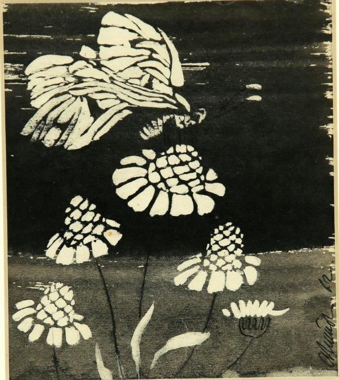 SCHMETTERLING AUF EINEM GÄNSEBLÜMCHEN.  Papier, Gouache, Tinte. 30х25 сm. 1975.