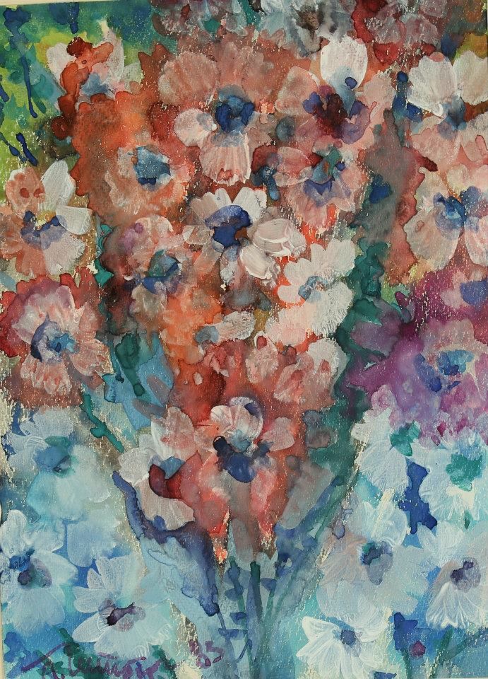 RED FLOWERS WITH BLUE HEARTS. Gouache on paper, 50х38 сm, 1983.