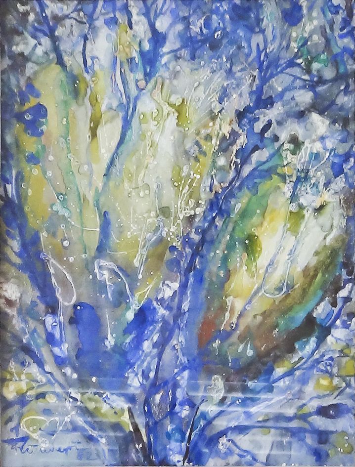 BLUE BRANCHES IN THE RAIN.  Gouache and tempera on paper, 50х38 cm, 1982.  From the Margolis collection.