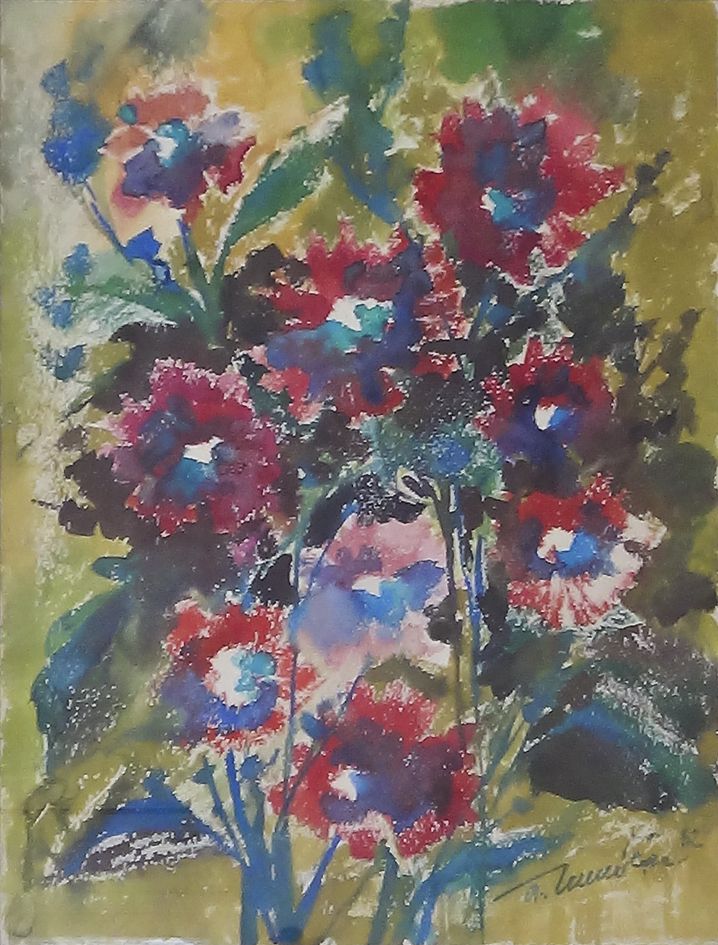 RED FLOWERS.  Tempera on paper, 50х38 cm, 1982.  From the Margolis collection.