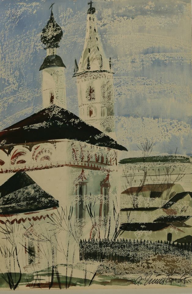 SUSDAL. KIRCHE MIT ZELTDACH GLOCKENTURM.  Papier, Paraffin, Aquarell. 72х46 сm. 1965.