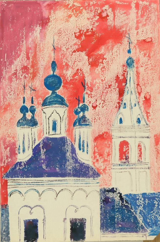 CATHEDRAL IN SUZDAL. Gouache and paraffin on paper, 72х36 сm, 1965.