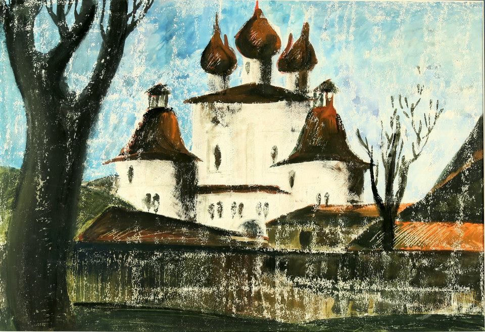 LANDSCAPE WITH A CHURCH. ROSTOV. Gouache and paraffin on paper, 74х93 сm, 1965.