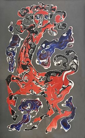 RED CENTAURIDE.  Tempera on hardboard, 39х23 сm, 1970. From the Seglin collection.