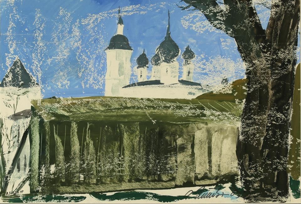 KLOSTER/GLOCKENTÜRME. ROSTOV. Papier, Paraffin, Gouache. 74х93 сm. 1965. 