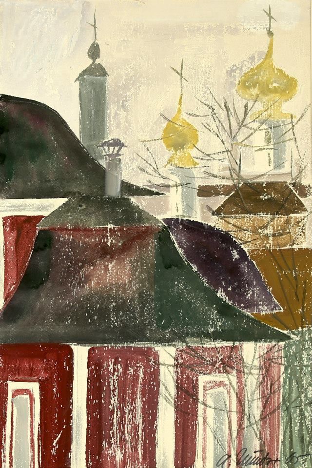 STADT WLADIMIR. GLOCKENTÜRME.  Papier, Paraffin, Gouache. 72х52 сm. 1965.