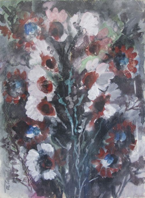 WHITE FLOWERS WITH RED HEARTS. Gouache on paper, 48х36 сm, 1983.  From the Ryshin collection.