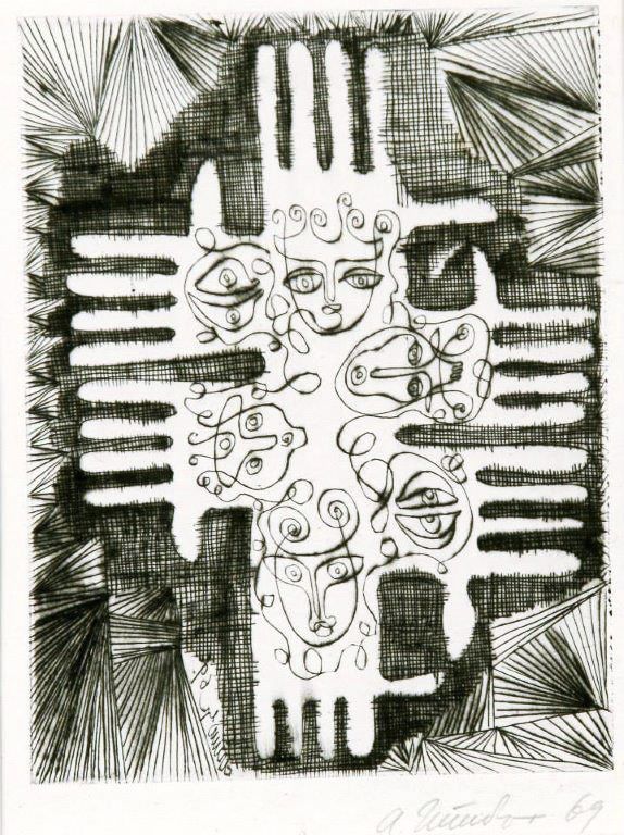 GATHERING. Etching on paper, 26х22 сm, 1969. From the Shoshensky collection.