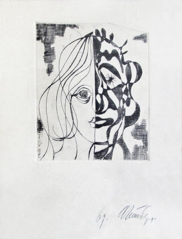 TWO-FACED JANUS. Etching on paper, 26х22 сm, 1969. From the Ryshin collection.
