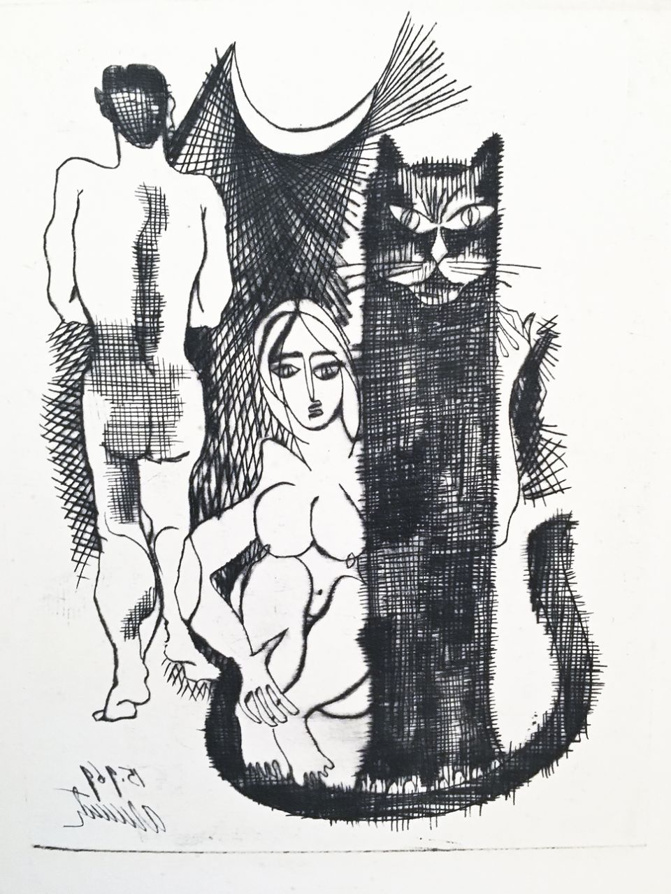 WOMAN, MAN AND CAT. Etching on paper, 16х11 cm, 1969. From the Shoshensky collection.