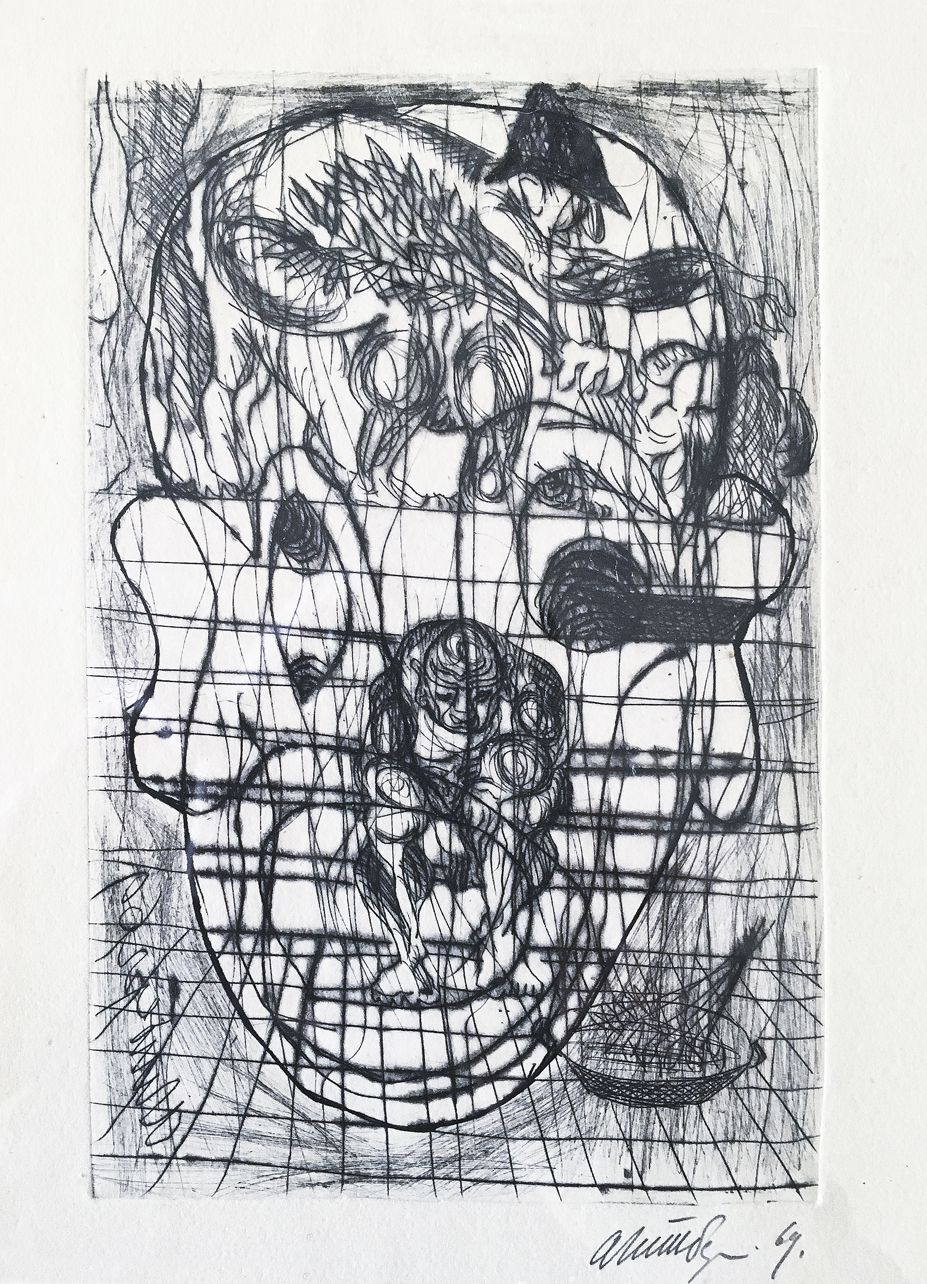 CLOWN’S THOUGHTS. Etching on paper, 16х11 cm, 1969. From the Shoshensky collection.