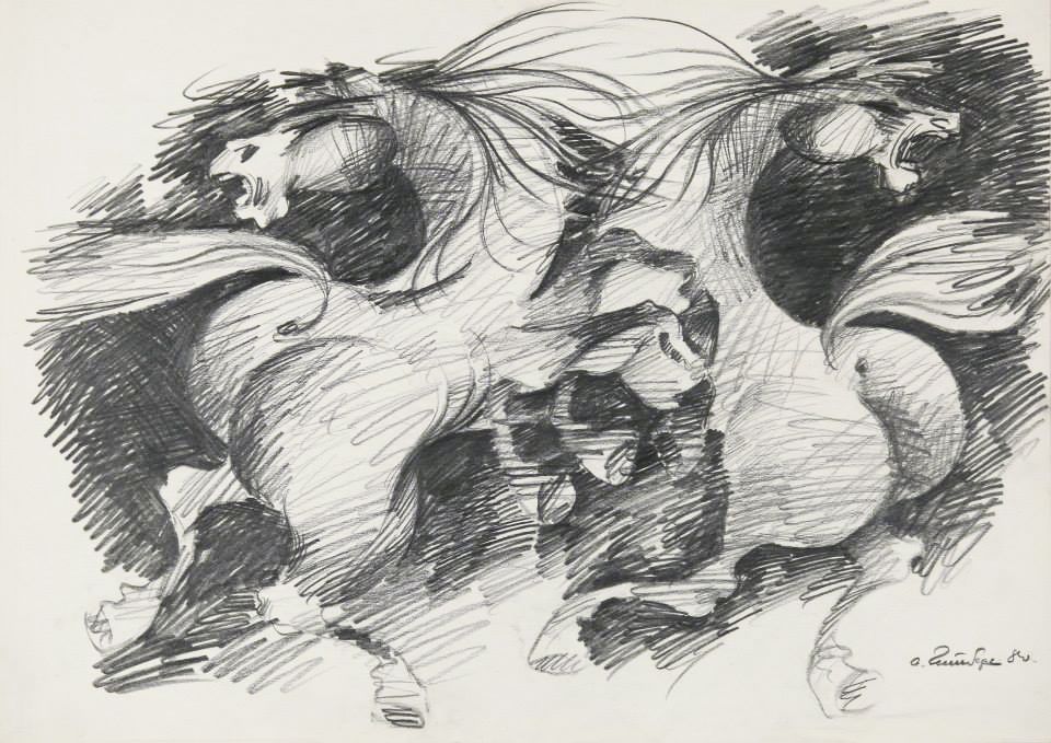 TWO HORSES.  Pencil on paper, 30х40 cm, 1980.