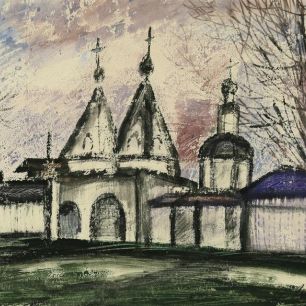 MONASTERY. GATE TOWERS. Gouache and paraffin on paper, 52х72 сm, 1981.