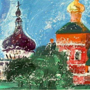 ROSTOV THE GREAT. КREMLIN. CHURCH OF THE VIRGIN HODEGETRIA AND THE CORNER TOWER. Gouache and paraffin on paper, 52х72 сm, 1969.