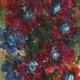 RED FLOWERS WITH BLUE HEARTS. Gouache on paper, 50х38 сm, 1983.