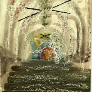 DIE TREPPE. EINGANG ZU KIRCHENRÄUMLICHKEITEN.  Papier, Gouache. 78х52 сm. 1980.