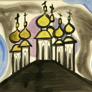 DOMES OF THE FIVE-DOMED CATHEDRAL AND BELL TOWER. Gouache on paper, 46х70 сm, 1980.