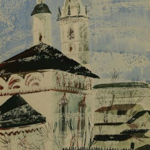 SUSDAL. KIRCHE MIT ZELTDACH GLOCKENTURM.  Papier, Paraffin, Aquarell. 72х46 сm. 1965.