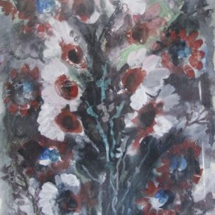 WHITE FLOWERS WITH RED HEARTS. Gouache on paper, 48х36 сm, 1983.  From the Ryshin collection.